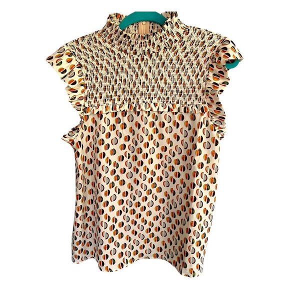 THML Anthropologie Shirt Ruffle Sleeve Preppy Smocked Top Cream Brown Size Large - Picture 1 of 8